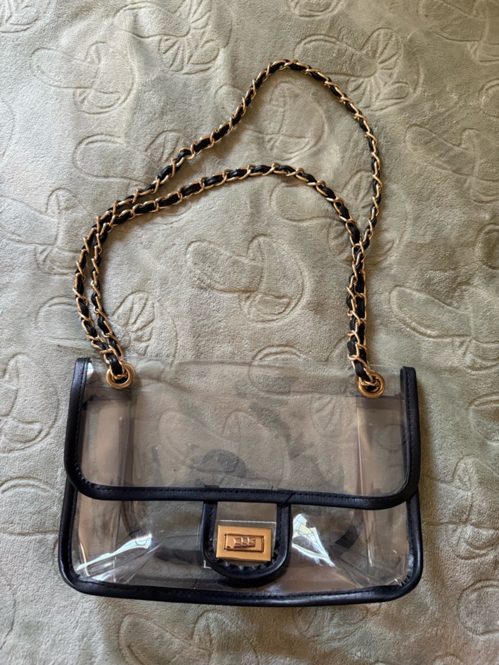 Clear Adjustable Bag with Black Trim and Gold Chain Strap